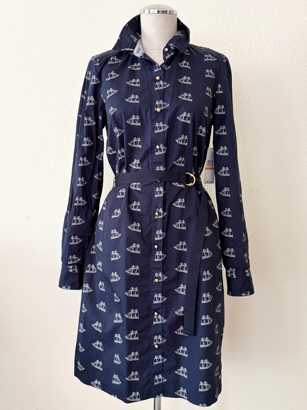 NWT Tommy Hilfiger Womens Navy Sailboat Print Shirt Dress Belted Size L